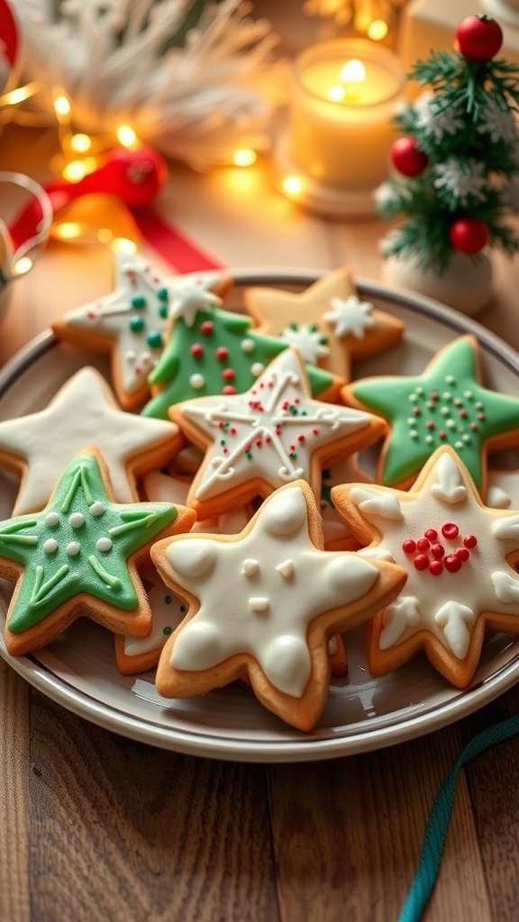 A plate of Christmas sugar cookies in festive shapes with colorful icing and sprinkles, surrounded by holiday decorations.